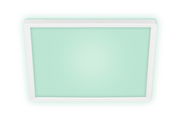 Rechteckige LED-Deckenleuchte mit weißem Rahmen und grünlichem Licht, Ansicht von unten.