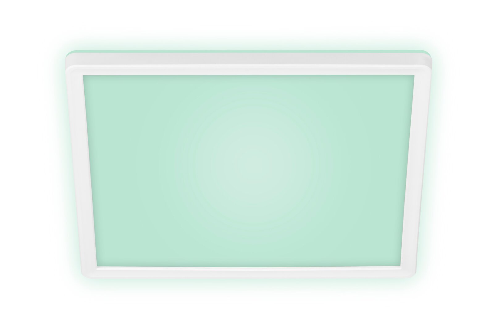 Rechthoekige led-plafondlamp met wit frame en groenachtig licht, gezien van onderaf.