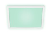 Rechthoekige led-plafondlamp met wit frame en groenachtig licht, gezien van onderaf.