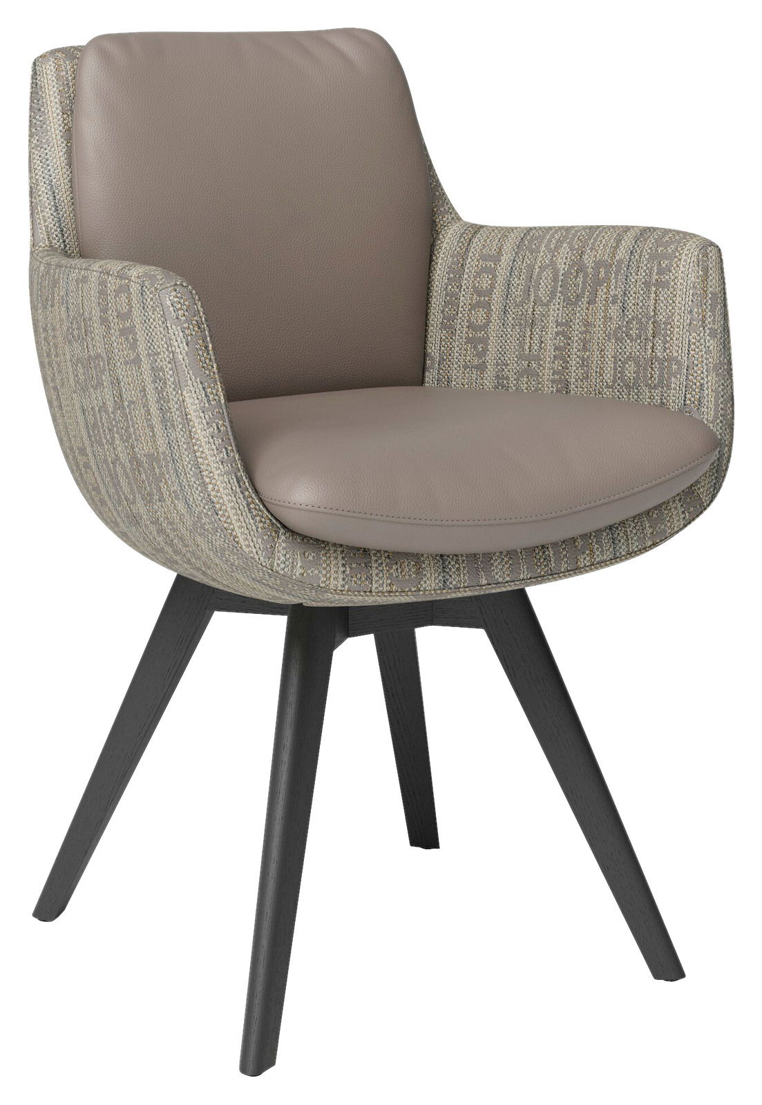 Moderner Armlehnstuhl mit gepolstertem Sitz und Rückenlehne in Beige, seitliche Perspektive