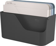 Schwarzer Dokumentenorganizer mit mehreren Fächern, gefüllt mit farbigen Ordnern, seitliche Perspektive