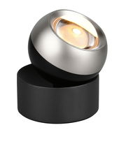 Moderne Tischleuchte mit kugelförmigem, schwenkbarem Kopf in silbernem und schwarzem Design, seitliche Perspektive