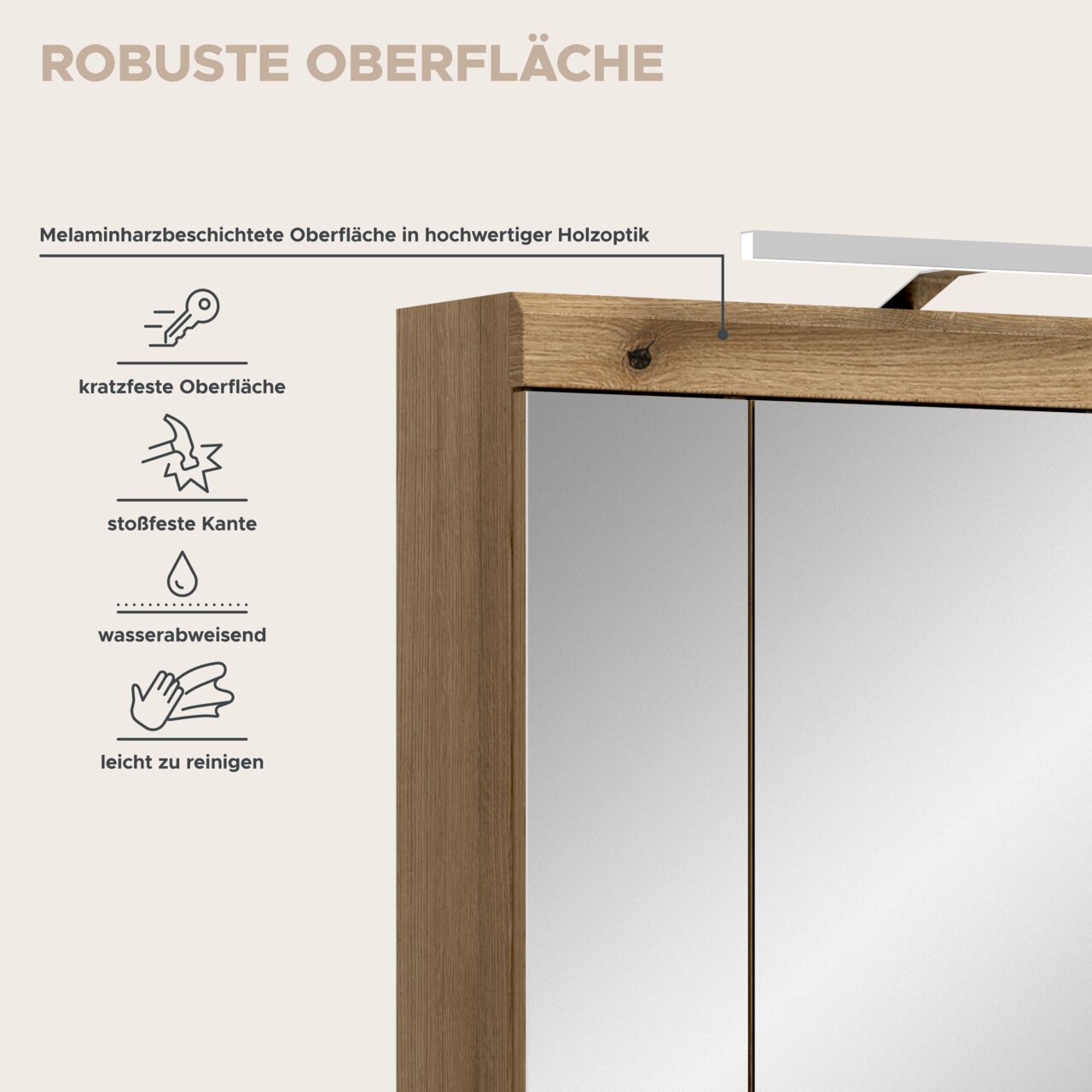 Detailansicht aus leicht schräger Frontperspektive: Holzoptik-Rahmen mit melaminharzbeschichteter, robuster Oberfläche; Icons für kratzfest, stoßfeste Kante, wasserabweisend und leicht zu reinigen.