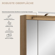 Detailansicht aus leicht schräger Frontperspektive: Holzoptik-Rahmen mit melaminharzbeschichteter, robuster Oberfläche; Icons für kratzfest, stoßfeste Kante, wasserabweisend und leicht zu reinigen.