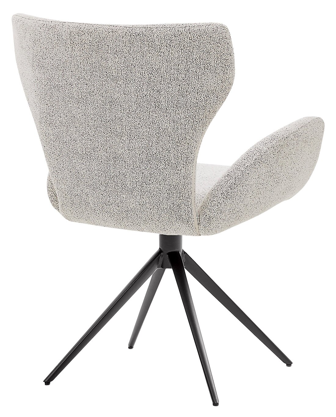 Achterkant van een moderne fauteuil met een lichtgrijze stoffen bekleding en een zwart metalen frame.