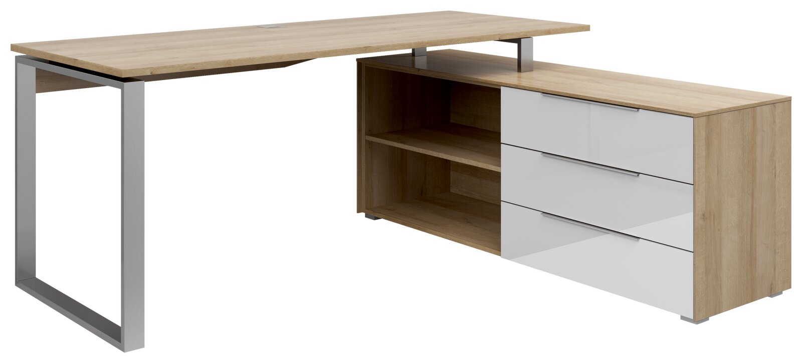 Moderner Eckschreibtisch aus Holz mit Metallgestell, drei weißen Schubladen und offenen Regalfächern, seitliche Perspektive