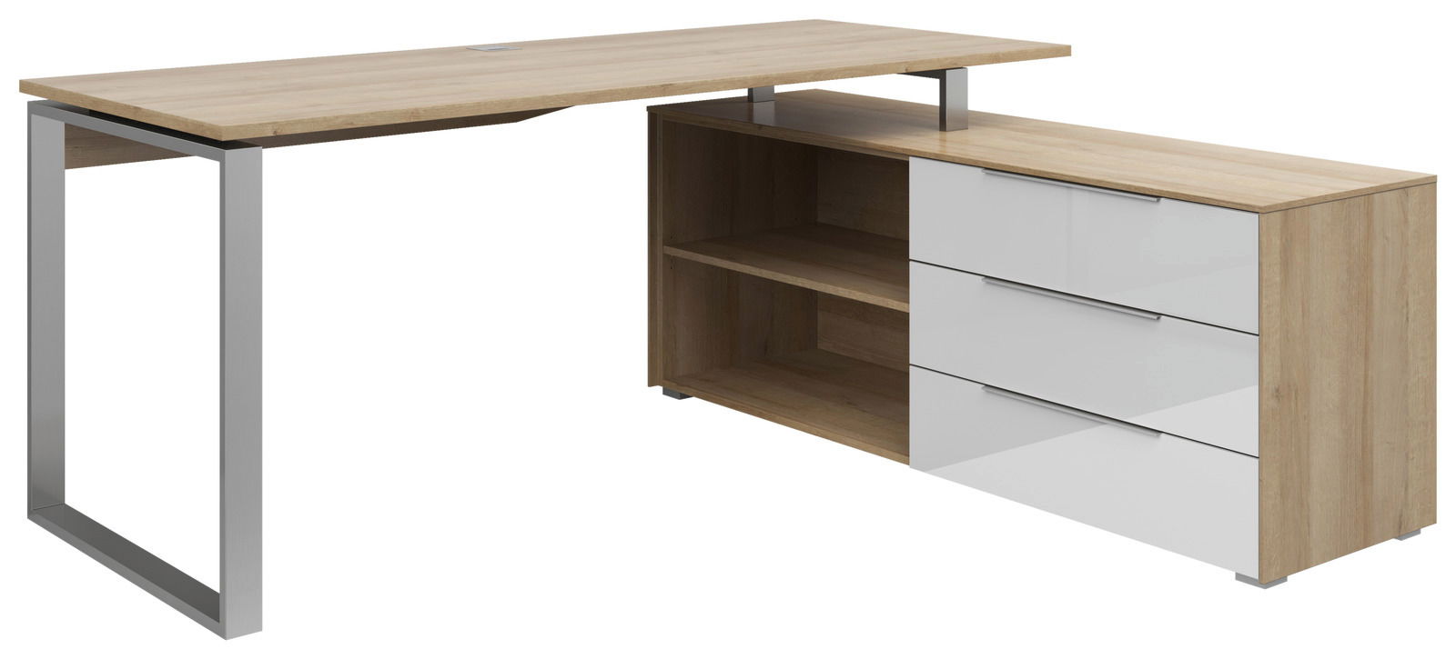 Moderner Eckschreibtisch aus Holz mit Metallgestell, drei weißen Schubladen und offenen Regalfächern, seitliche Perspektive