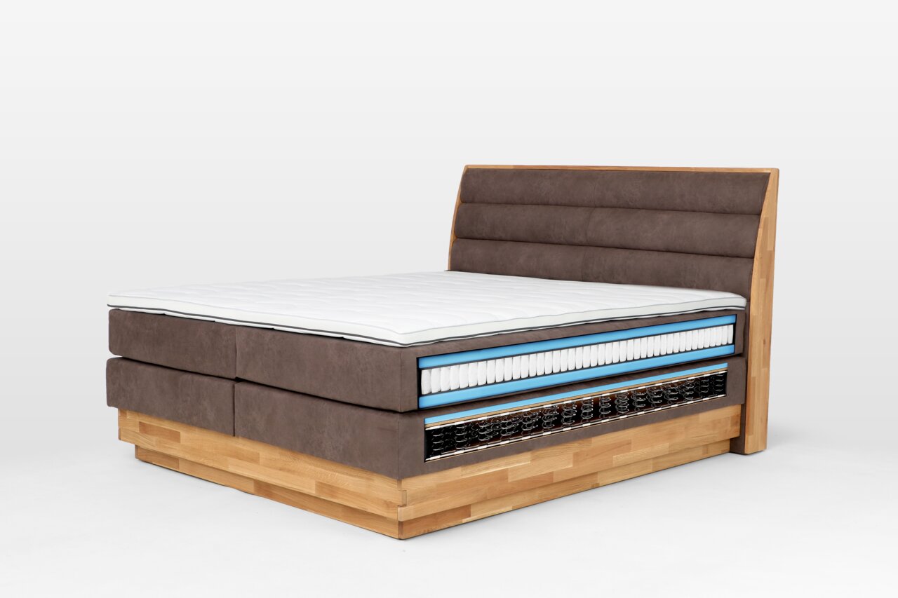 Boxspringbett mit sichtbarem Federkern, seitliche Perspektive