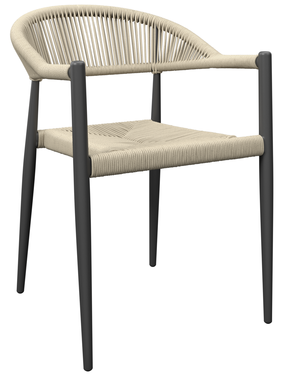 Moderner Stapelsessel mit schwarzem Metallrahmen und beigem Seilgeflecht, seitliche Perspektive