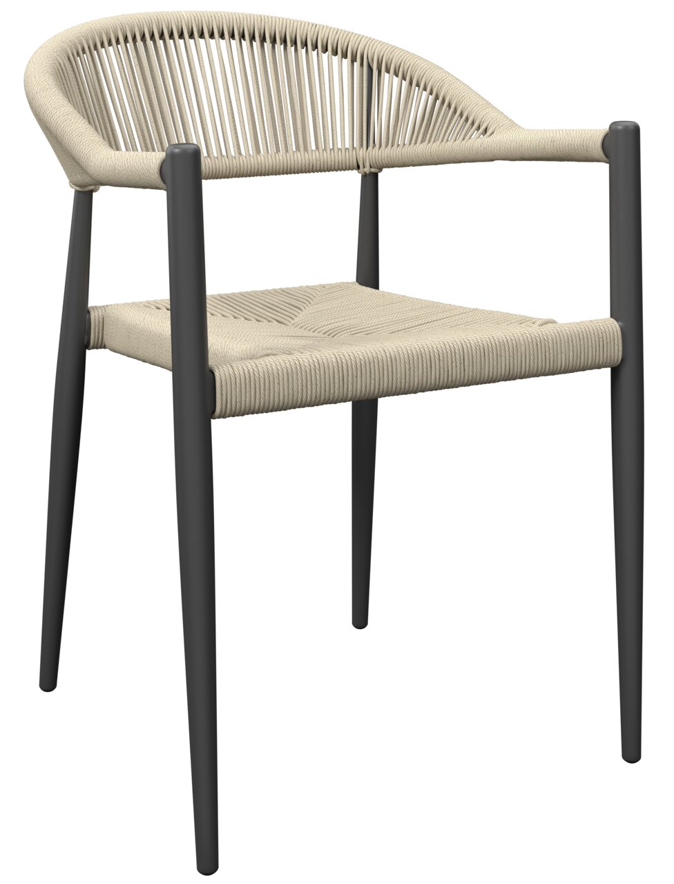 Amatio Stapelsessel TAMARA Moderner Stapelsessel mit schwarzem Metallrahmen und beigem Seilgeflecht, seitliche Perspektive