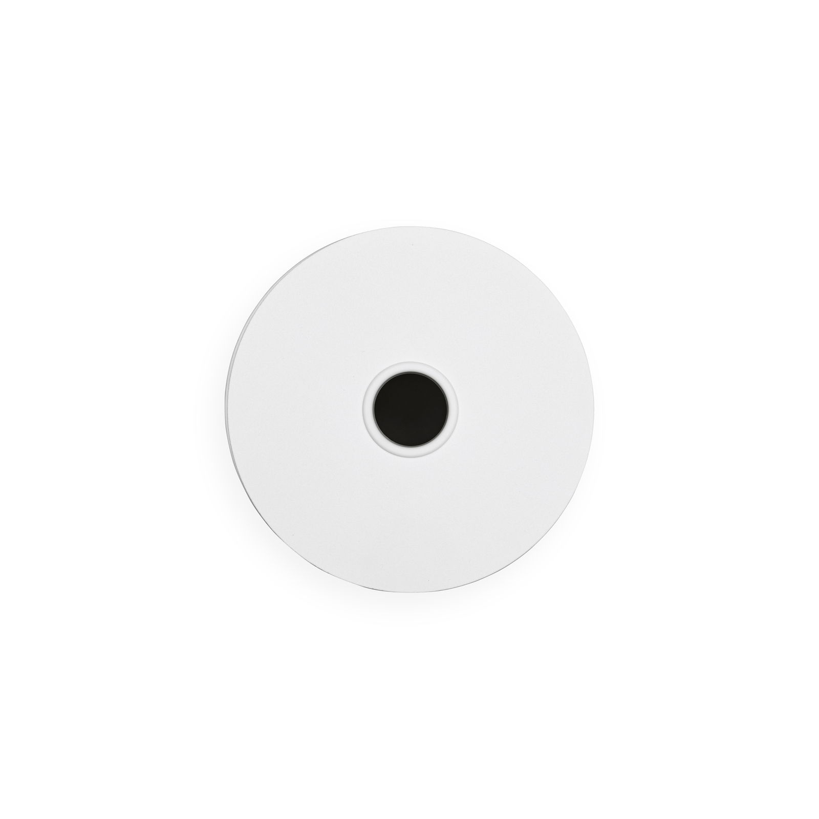 Runder Toilettenrollenspender in Draufsicht, schlichtes Design in Weiß mit zentraler Öffnung.