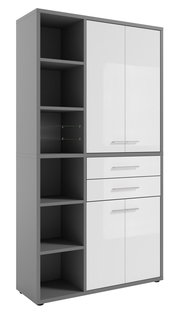 Moderner, hoher Aktenschrank mit grauem Korpus und weißen Türen, seitliche Perspektive