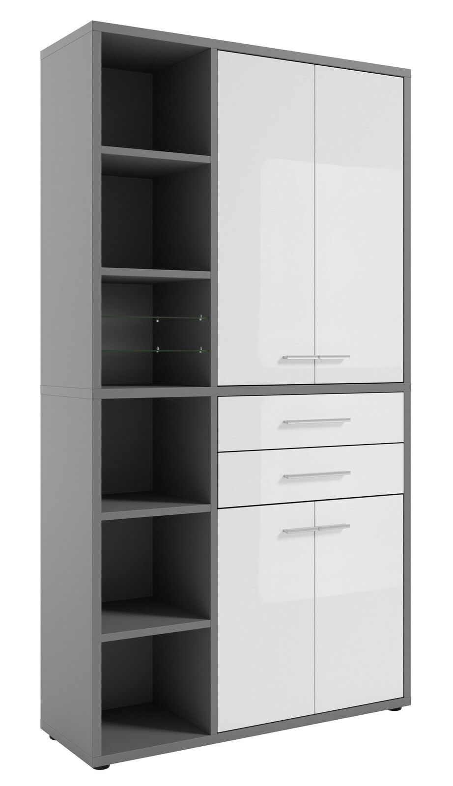 Manjana Aktenschrank Kombination-Glas- TEXAS Moderner, hoher Aktenschrank mit grauem Korpus und weißen Türen, seitliche Perspektive