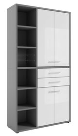 Moderner, hoher Aktenschrank mit grauem Korpus und weißen Türen, seitliche Perspektive