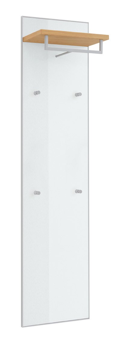 Wandgarderobe mit großer Spiegelplatte, oben Holzablage und Metall-Kleiderstange, vier Haken; freigestellt in leichter Schrägansicht von vorn