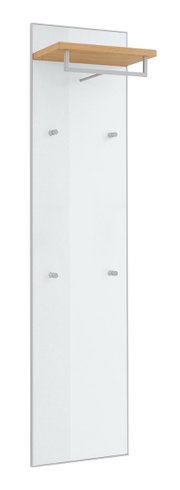 Wandgarderobe mit großer Spiegelplatte, oben Holzablage und Metall-Kleiderstange, vier Haken; freigestellt in leichter Schrägansicht von vorn