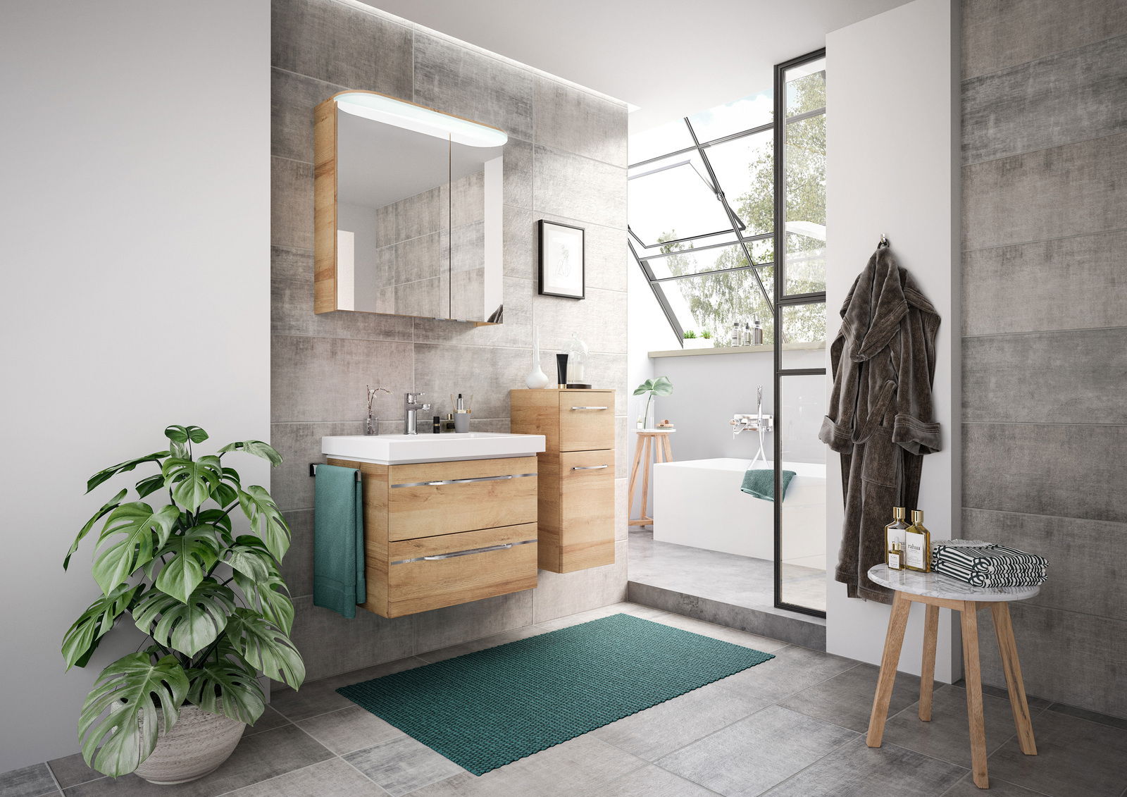 Modernes Badezimmer mit Holz-Badblock, Waschbecken und Spiegel, seitliche Perspektive