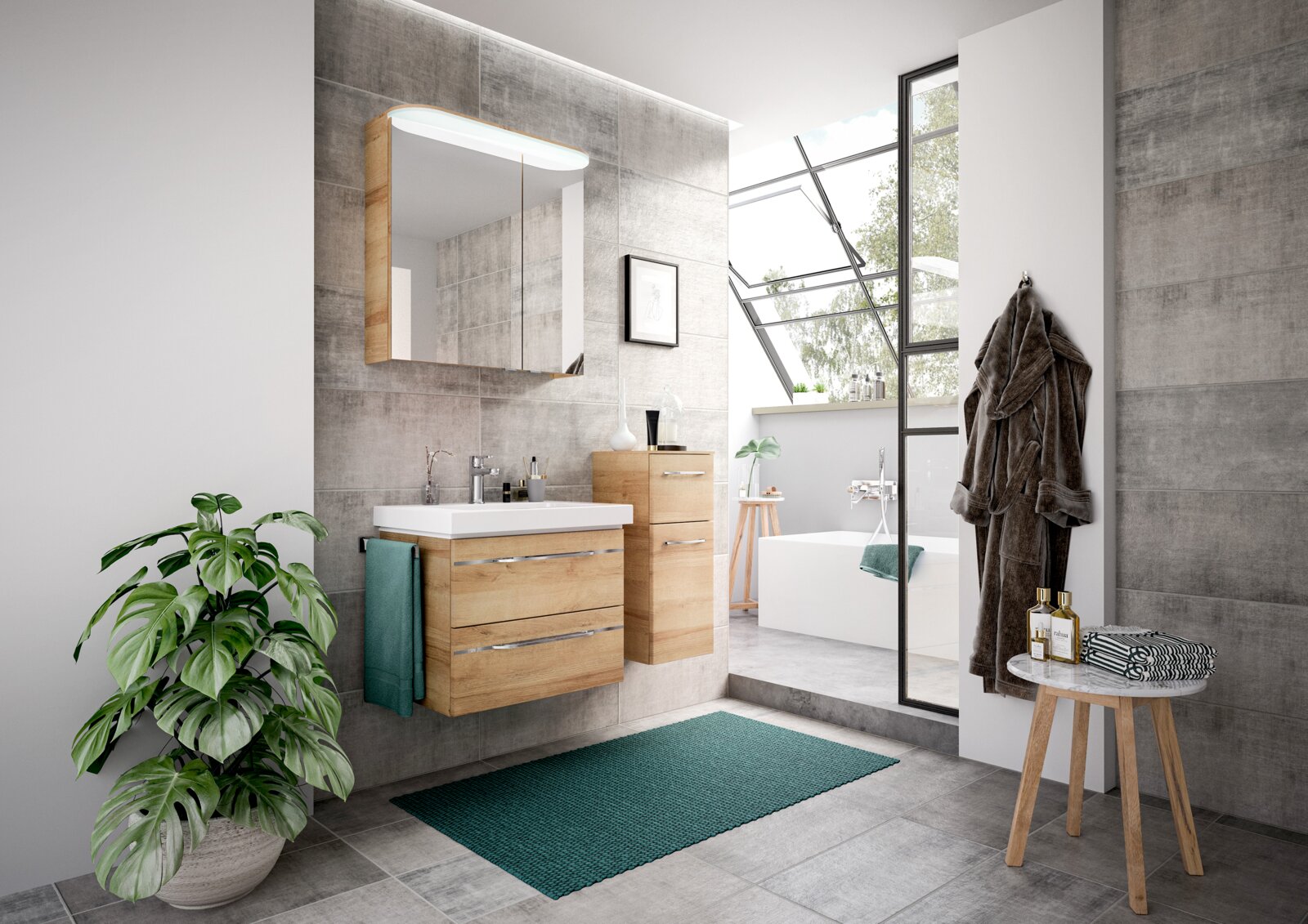 Modernes Badezimmer mit Holz-Badblock, Waschbecken und Spiegel, seitliche Perspektive
