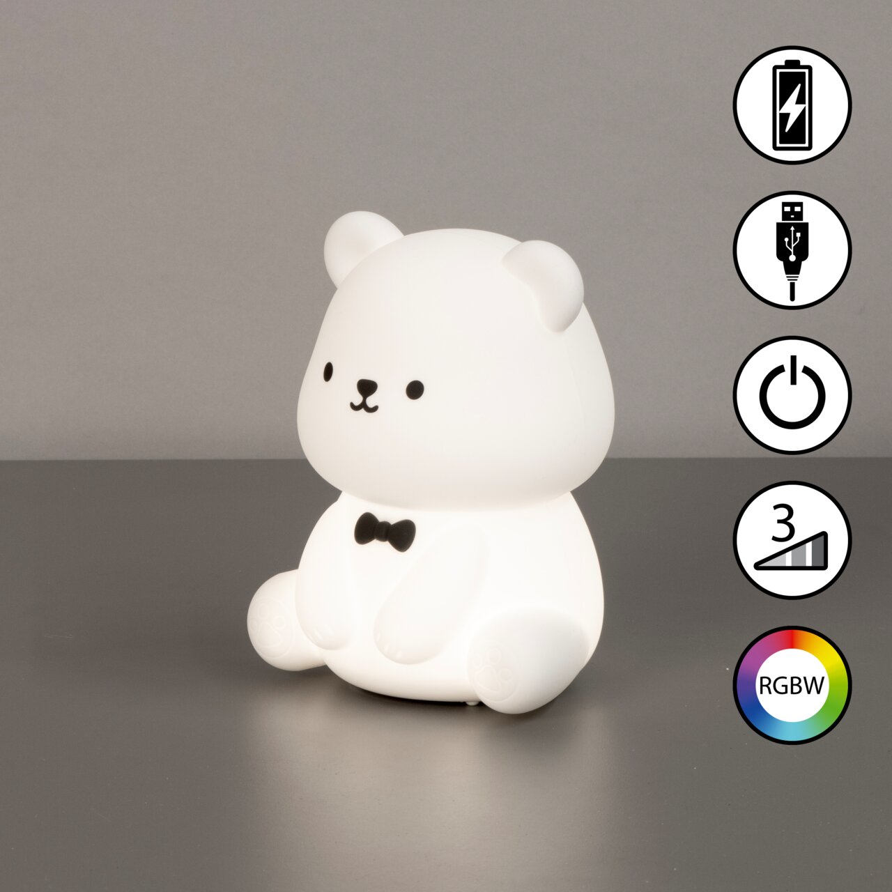 Niedliches Akku-Nachtlicht in Bärenform mit Fliege, seitliche Perspektive