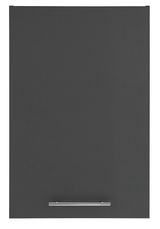 Frontansicht eines großen, dunkelgrauen Aufsatzschranks mit silbernem Griff.