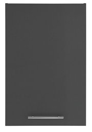 Frontansicht eines großen, dunkelgrauen Aufsatzschranks mit silbernem Griff.