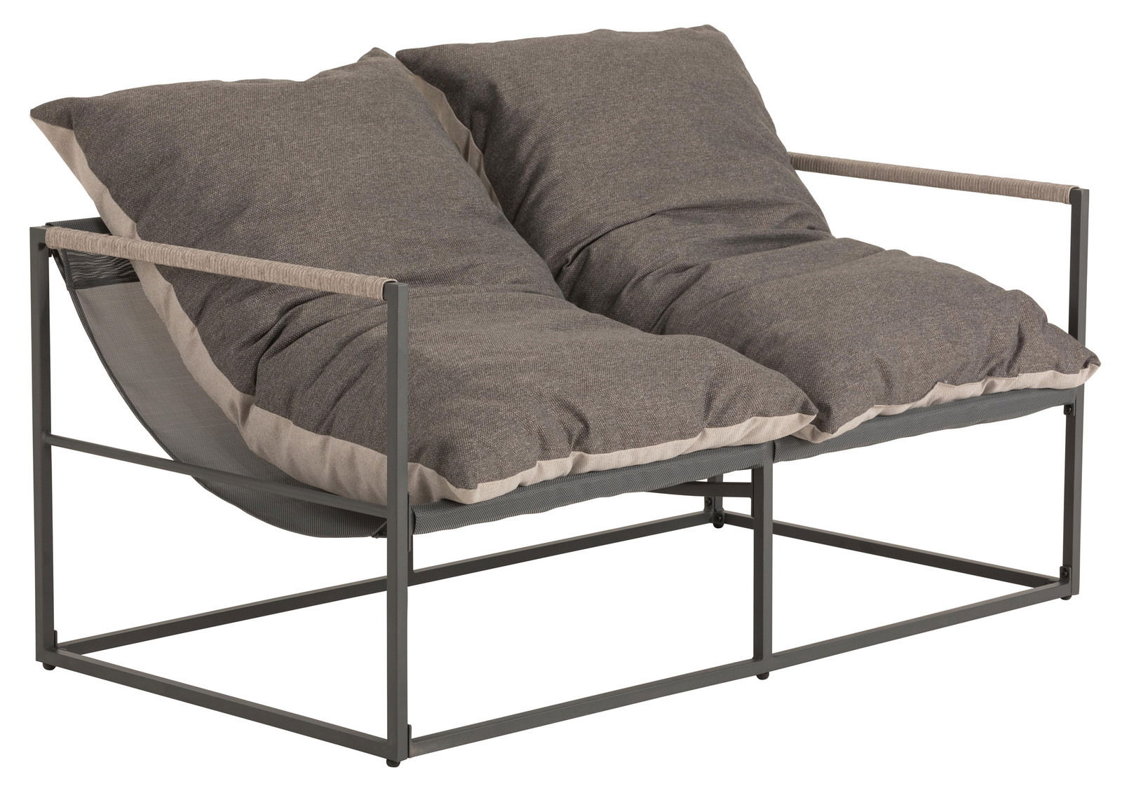 Zweiersitziges Lounge-Sofa mit grauen Kissen und Metallrahmen, seitliche Perspektive