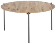 Runder Couchtisch mit Holzplatte und schwarzen Metallbeinen, seitliche Perspektive