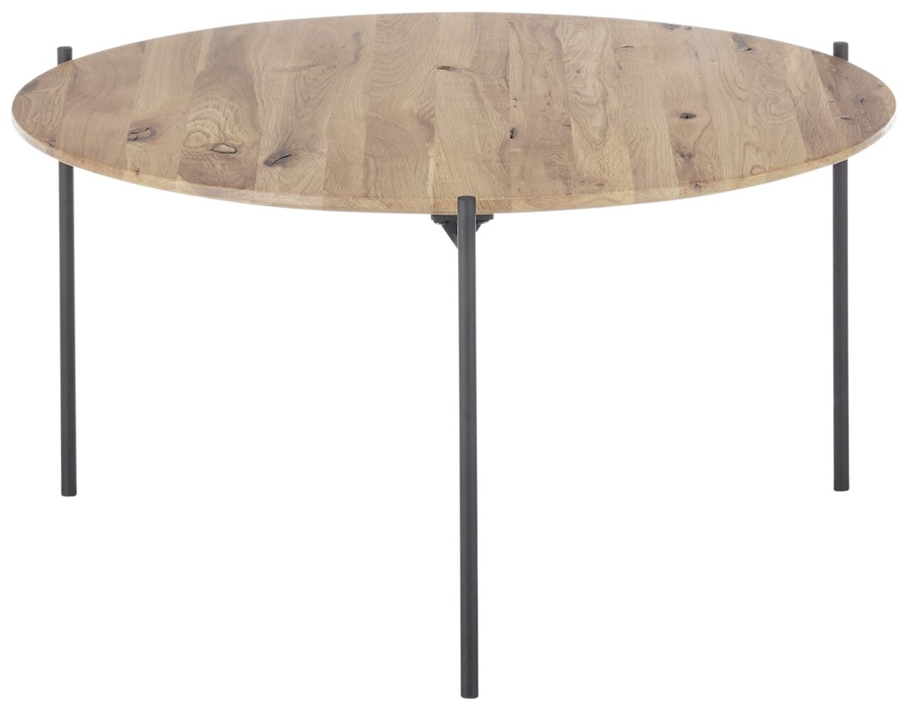 Runder Couchtisch mit Holzplatte und schwarzen Metallbeinen, seitliche Perspektive