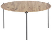 Ronde salontafel met houten blad en zwarte metalen poten, zijaanzicht