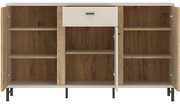 Frontale Ansicht eines Sideboards mit offenen Türen und Schublade, Holzoptik mit schwarzen Beinen.