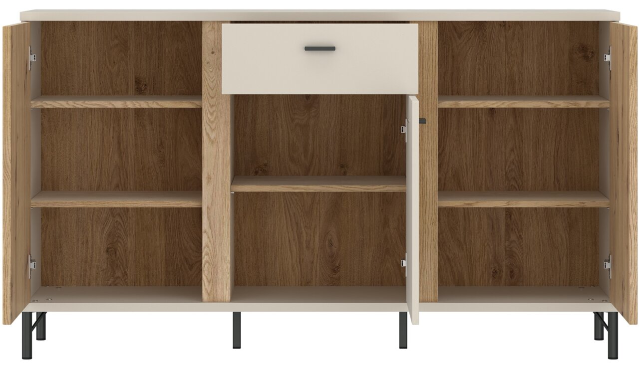 Frontale Ansicht eines Sideboards mit offenen Türen und Schublade, Holzoptik mit schwarzen Beinen.