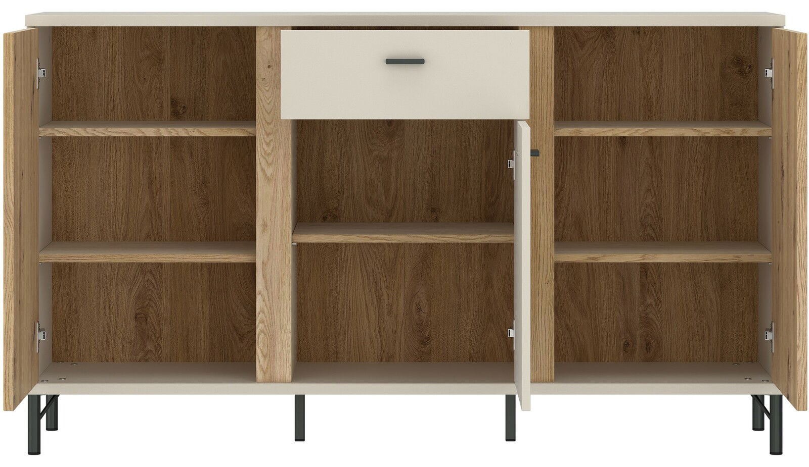 Frontale Ansicht eines Sideboards mit offenen Türen und Schublade, Holzoptik mit schwarzen Beinen.