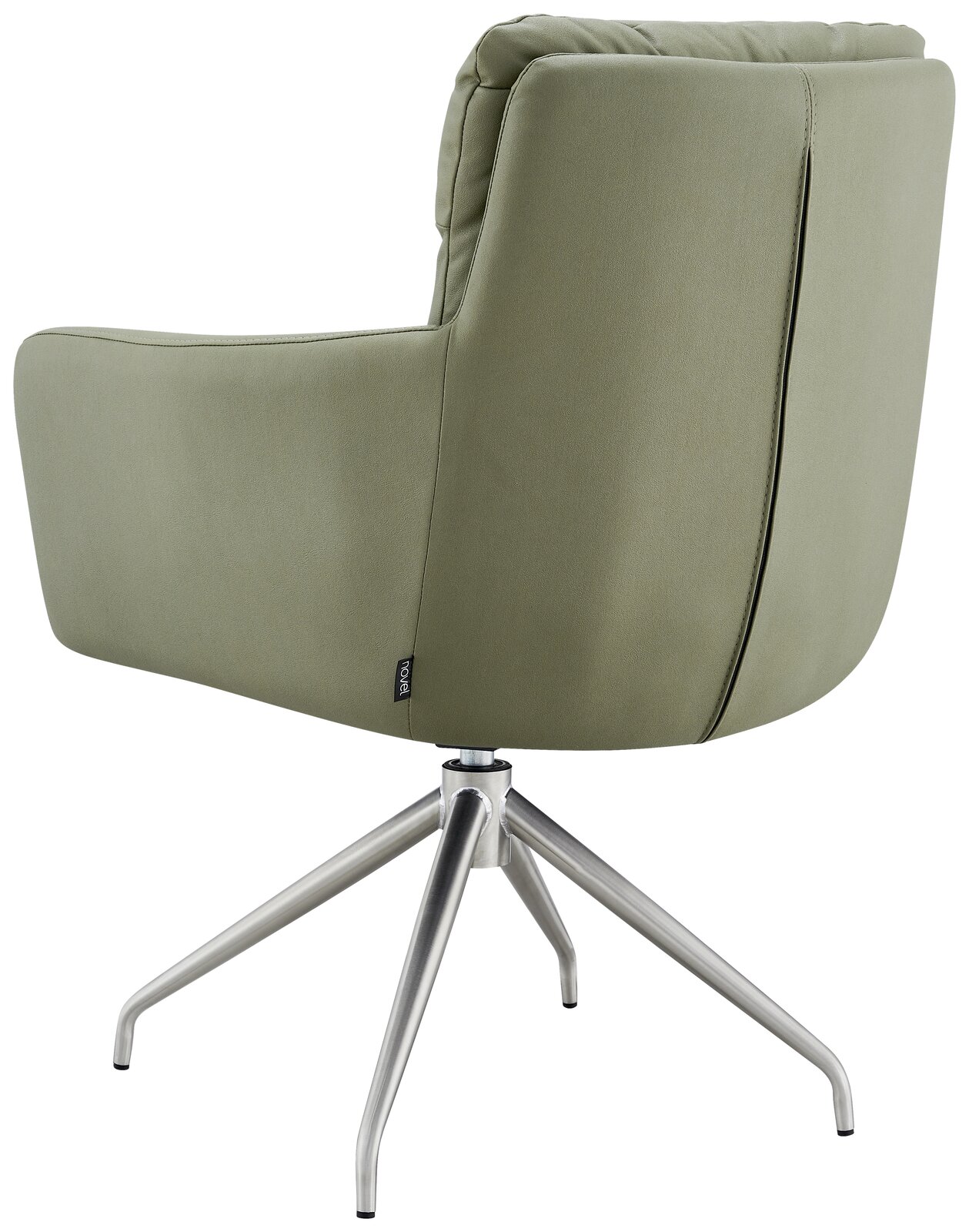 Rückansicht eines grünen Armlehnstuhls mit Metallgestell und vier Beinen