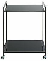 Moderner Beistellwagen mit zwei schwarzen Ablageflächen und Rollen, frontal betrachtet.