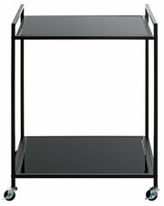 Moderner Beistellwagen mit zwei schwarzen Ablageflächen und Rollen, frontal betrachtet.