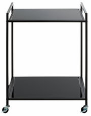 Moderner Beistellwagen mit zwei schwarzen Ablageflächen und Rollen, frontal betrachtet.
