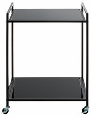 Moderner Beistellwagen mit zwei schwarzen Ablageflächen und Rollen, frontal betrachtet.
