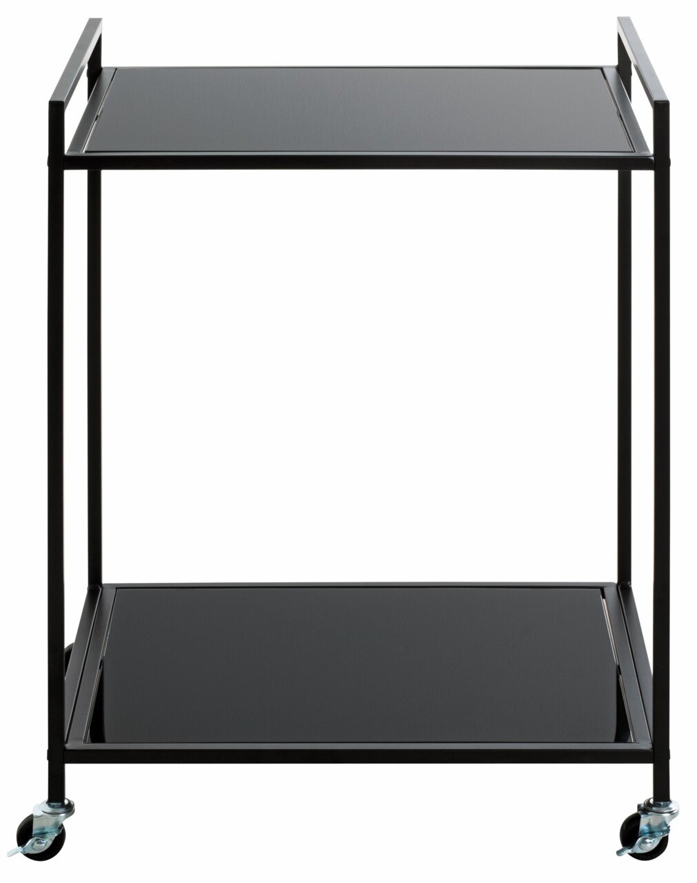 Moderner Beistellwagen mit zwei schwarzen Ablageflächen und Rollen, frontal betrachtet.
