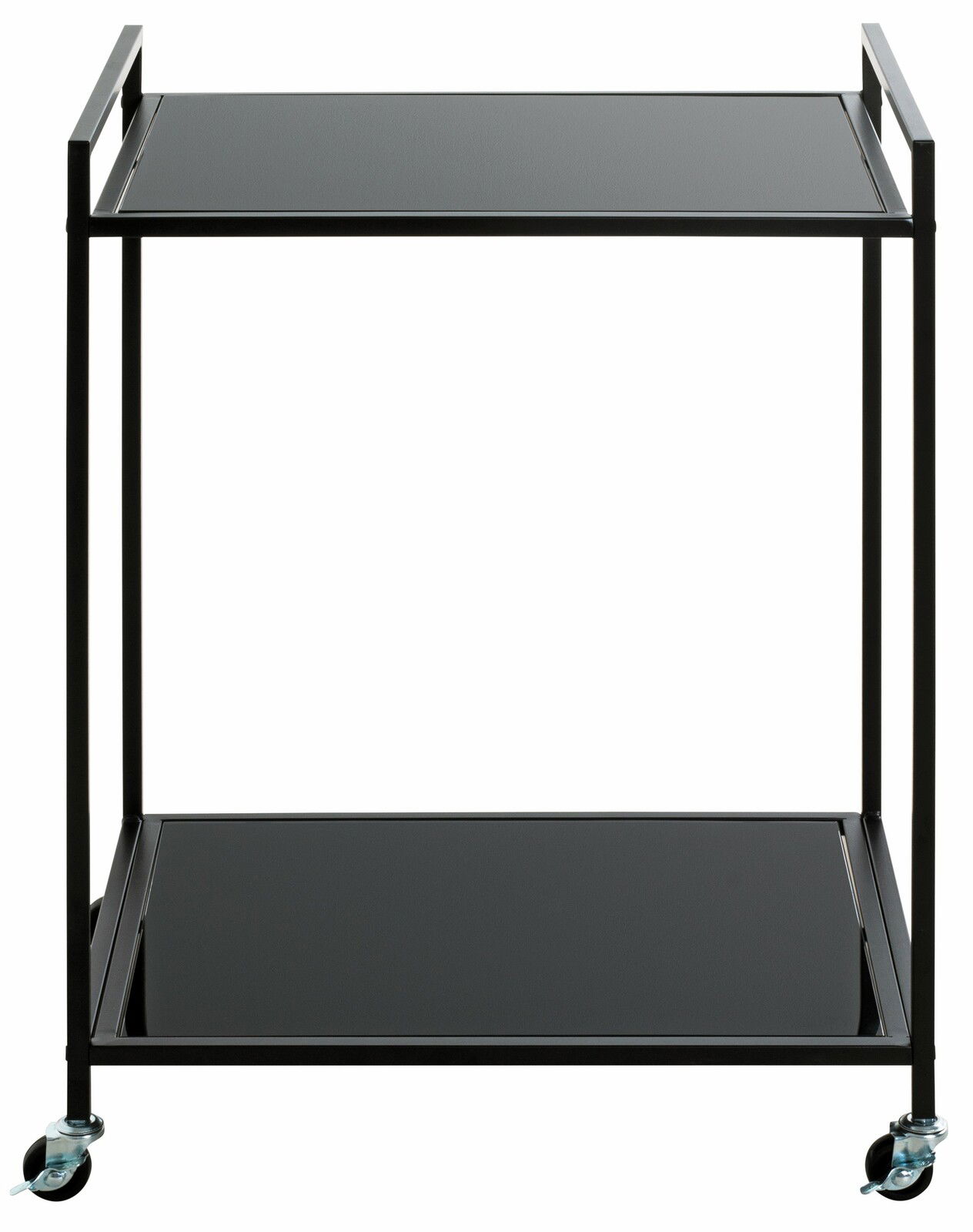 Moderner Beistellwagen mit zwei schwarzen Ablageflächen und Rollen, frontal betrachtet.