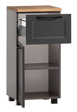Moderner Unterschrank mit Holzplatte, grauer Front und offener Schublade, seitliche Perspektive