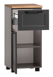 Moderner Unterschrank mit Holzplatte, grauer Front und offener Schublade, seitliche Perspektive