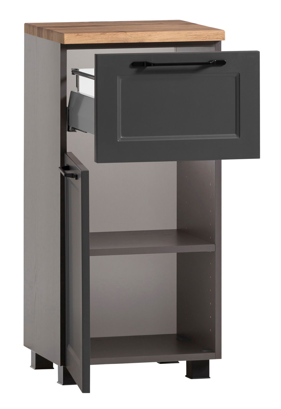 Moderner Unterschrank mit Holzplatte, grauer Front und offener Schublade, seitliche Perspektive