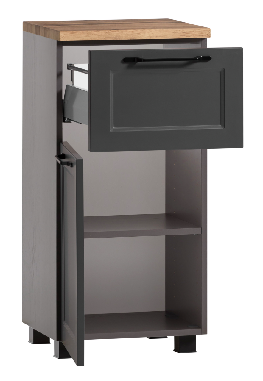 Moderner Unterschrank mit Holzplatte, grauer Front und offener Schublade, seitliche Perspektive