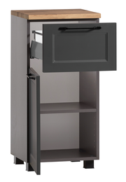 Moderner Unterschrank mit Holzplatte, grauer Front und offener Schublade, seitliche Perspektive