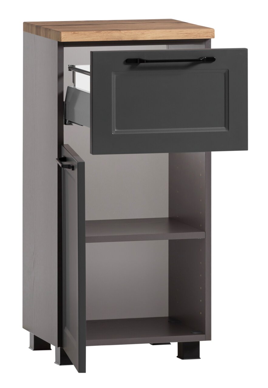 Moderner Unterschrank mit Holzplatte, grauer Front und offener Schublade, seitliche Perspektive