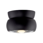 Zwarte led-plafondlamp in een moderne, ronde vorm, gezien van onderaf.