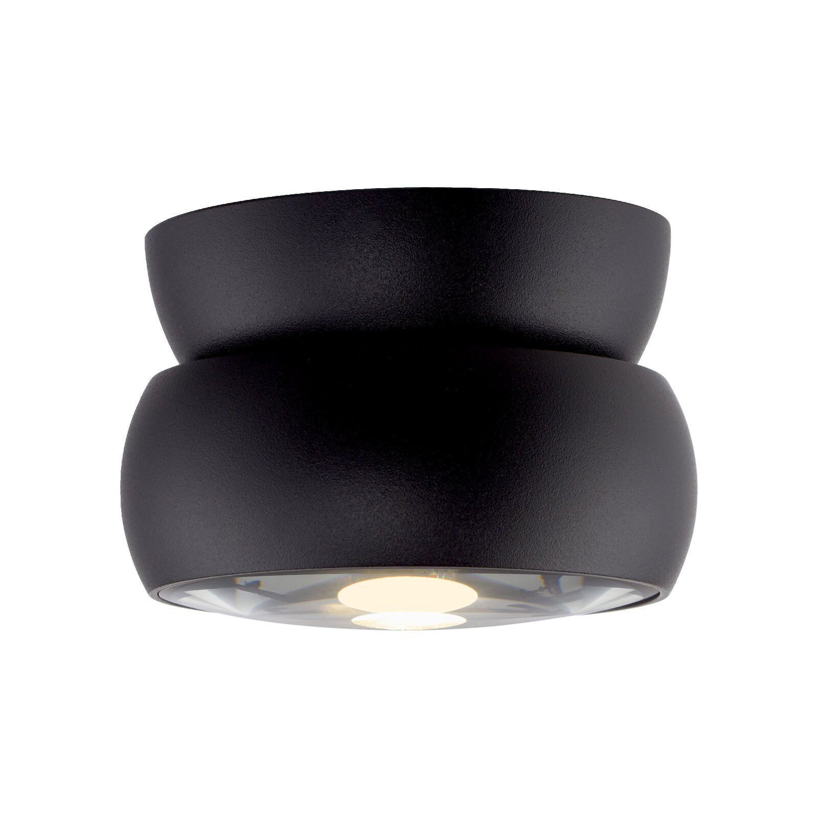 Zwarte led-plafondlamp in een moderne, ronde vorm, gezien van onderaf.