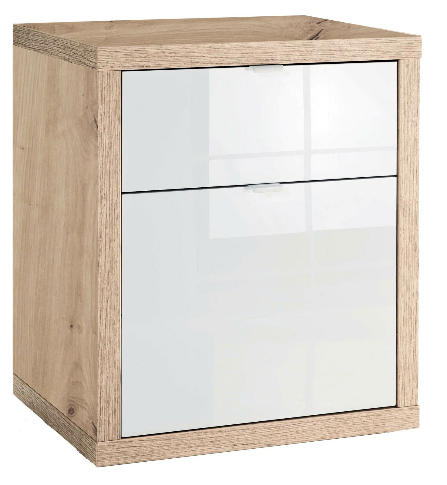 XORA Container PUNTO 2.0 Moderner Holzcontainer mit zwei weißen Schubladen, seitliche Perspektive