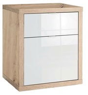 Moderner Holzcontainer mit zwei weißen Schubladen, seitliche Perspektive