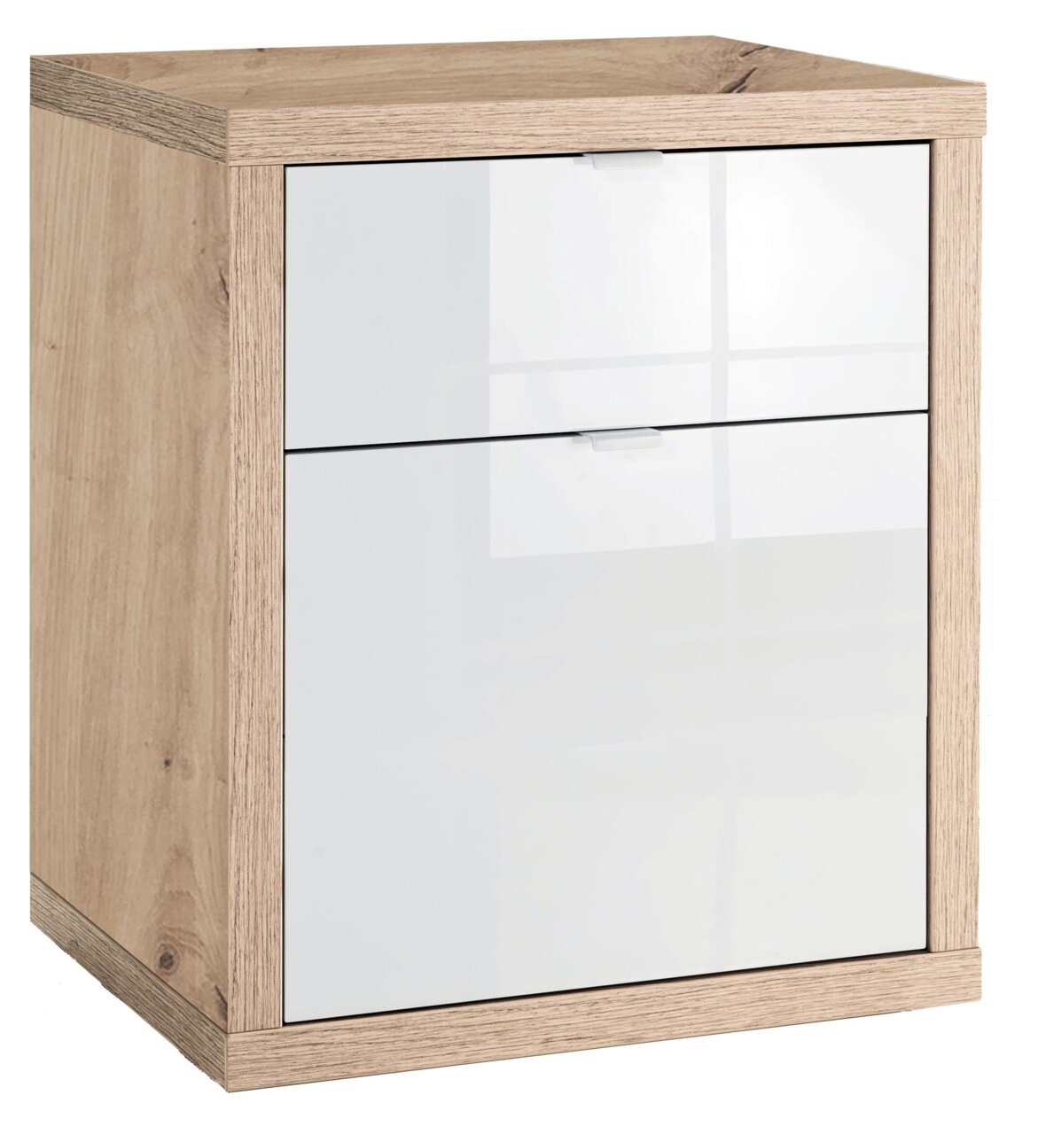 XORA Container PUNTO 2.0 Moderner Holzcontainer mit zwei weißen Schubladen, seitliche Perspektive